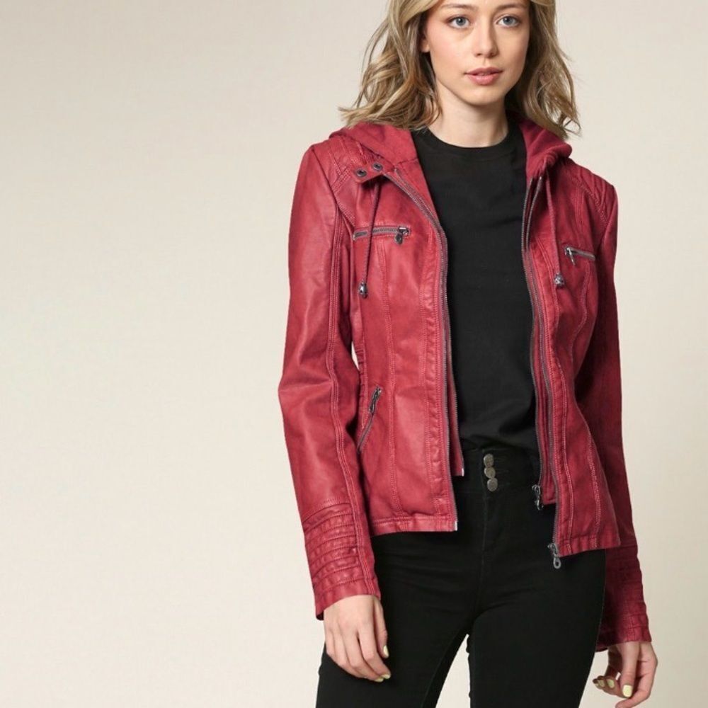 Johnny Women's Hooded Faux Leather Moto Biker Jacket - Burgundy Red - Size Small